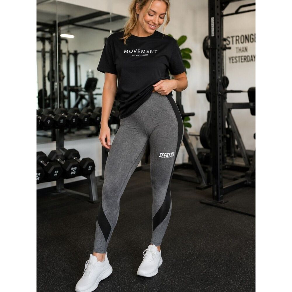 NWT Sisters+ Seekers Gray Black Leggings Small Gym Workout Yoga Small Flattering